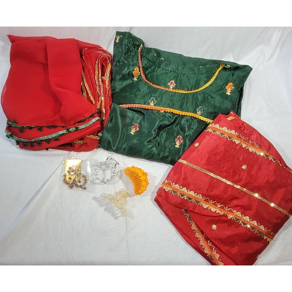 Women's 3pc Seta Silk Dupatta Kurta Set Green & Red - 42" Chest, 32" Long